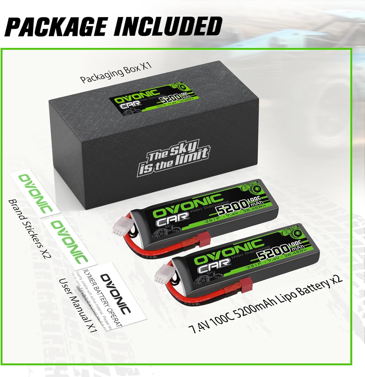 OVONIC Lipo Battery 2S Lipo Battery 7.4V 5200mAh 100C with T-Plug Connector for RC Car Truck Vehicle Buggy RC Model(2 Pack)