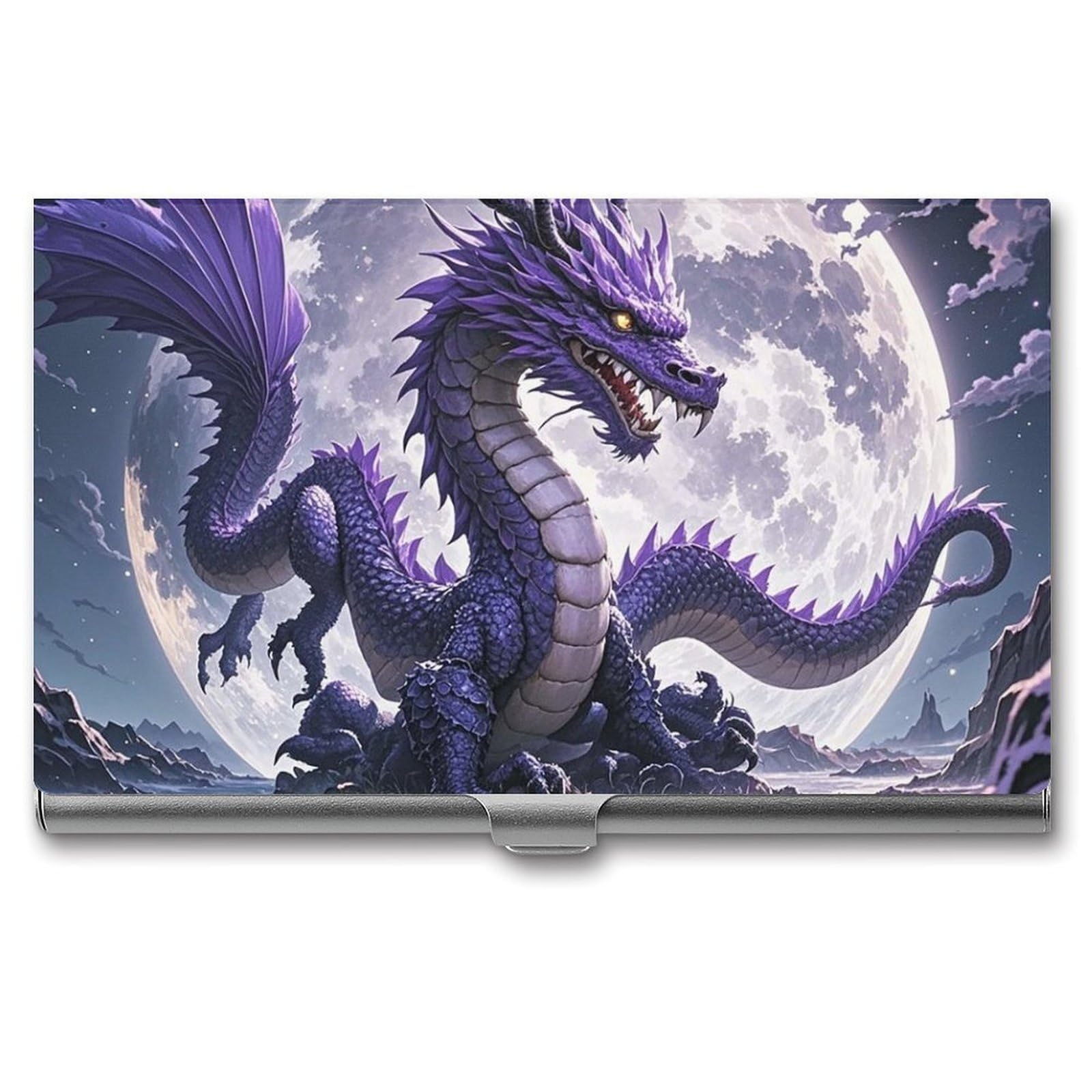 Fekiloot Unisex Silver Purple Dragon Purple Moon Card Holder Color Business Card Box Magnetic Travel Card Case Wallet Portable Business Card Carrier Suitable For Business Professionals Office