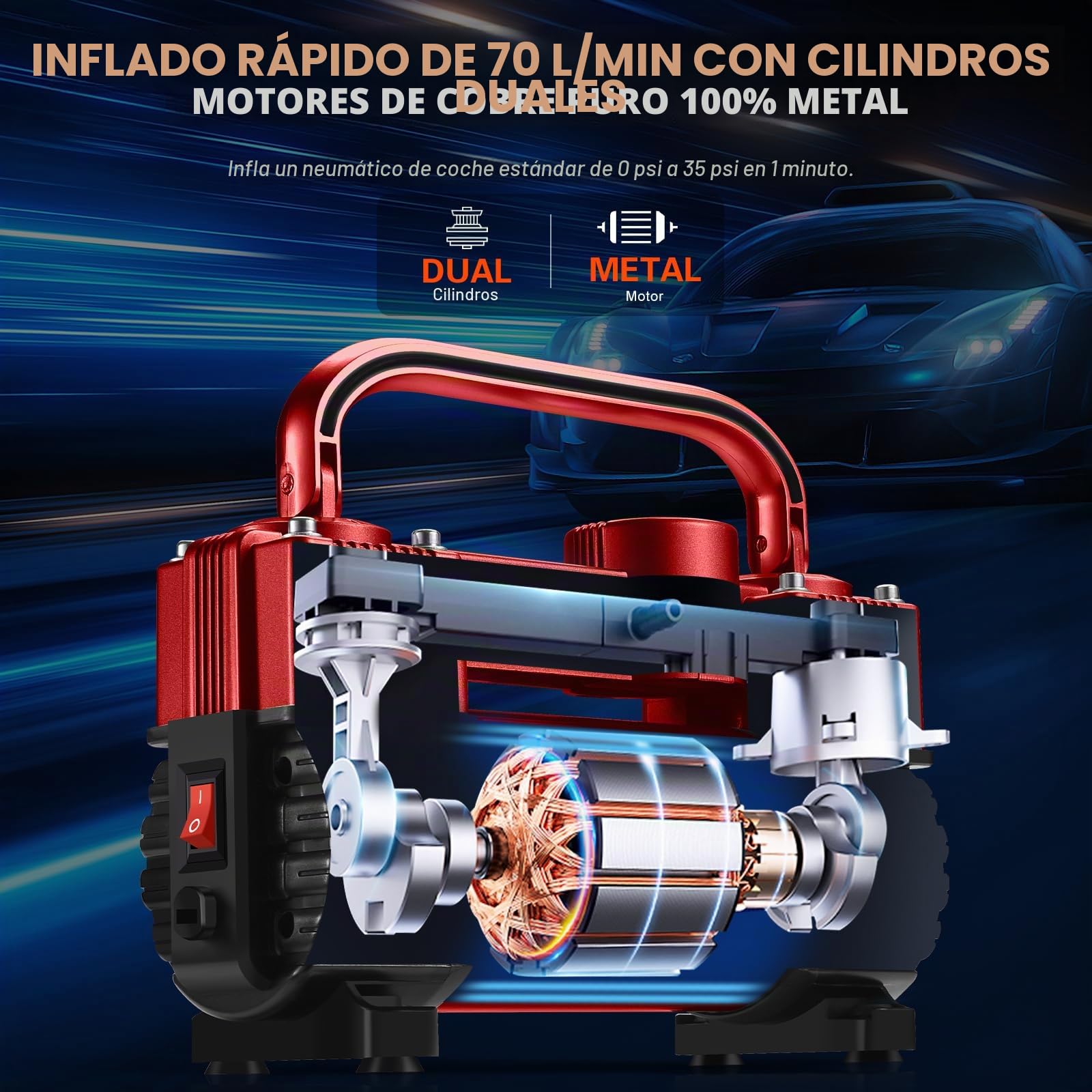 GSPSCN compresor de aire portátil de metal DC 12V，Hinchador Ruedas Coche de neumáticos rojo de doble cilindro de servicio pesado, Inflador Ruedas Coche, Bomba Eléctrico 150PSI con Luz LED