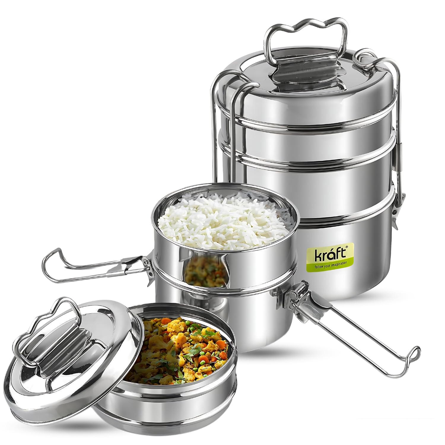 Kraft Stainless Steel Lunch Box with Handle - 2440 Ml | 3 Tier Compartment Traditional Tiffin Box | Easy to Carry, Leak Proof, Locking Clip | Ideal for School, Office, Men, Women (B09FJPJ4VV) Amazon Price History, Amazon Price Tracker