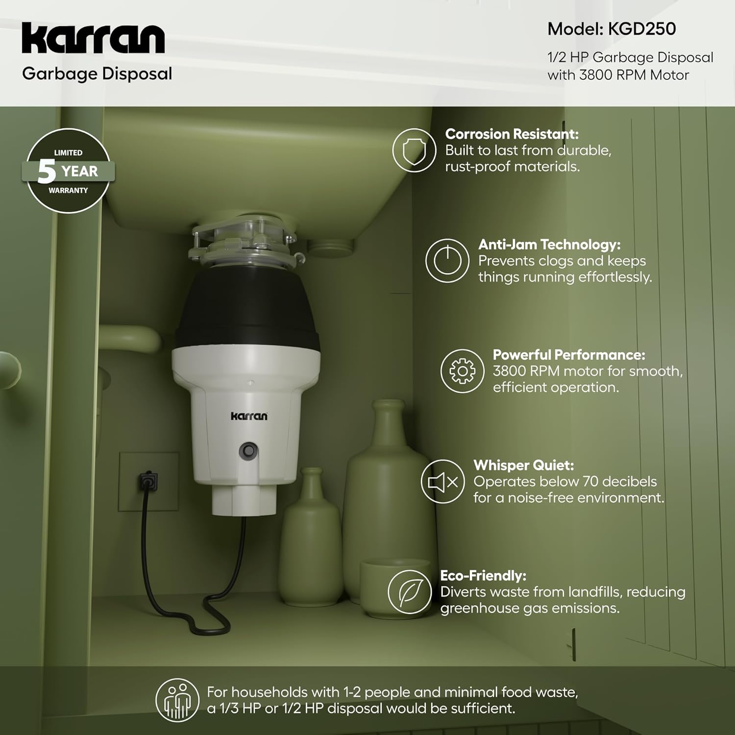 Karran 1/2 HP Garbage Disposal with Power Cord – Quiet Continuous Feed Kitchen Sink Disposal, 3800 RPM Stainless Steel Grinding Chamber, Anti-Jam Technology, Easy 3-Bolt Mount, Compact Design