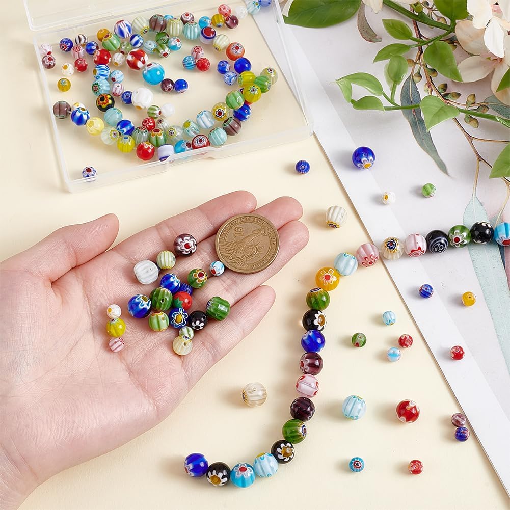 150Pcs Flower Glass Round Beads Colorful Floral Loose Beads Flowers Glazed Bead Millefiori Lampwork Glass Bead for Women DIY Bracelet Necklace Jewelry Making Hole: 1mm - Image 4