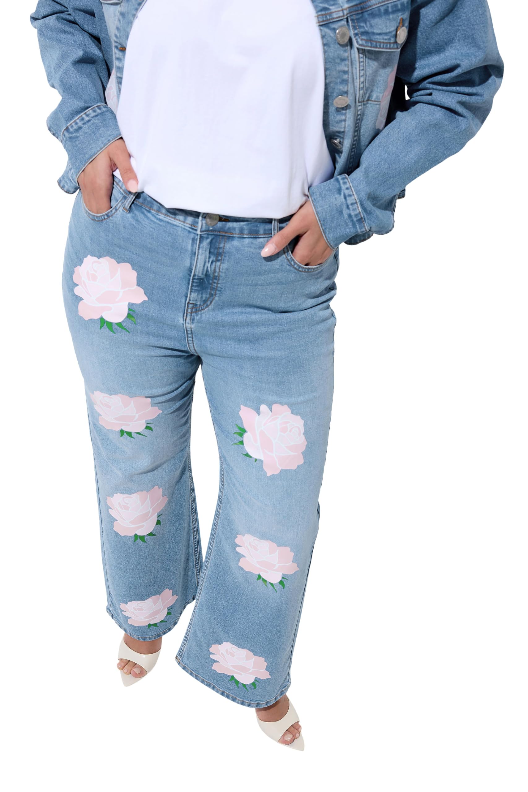 Yours Women's Blue Rose Printed Wide Leg Jeans In | Size: 26/28