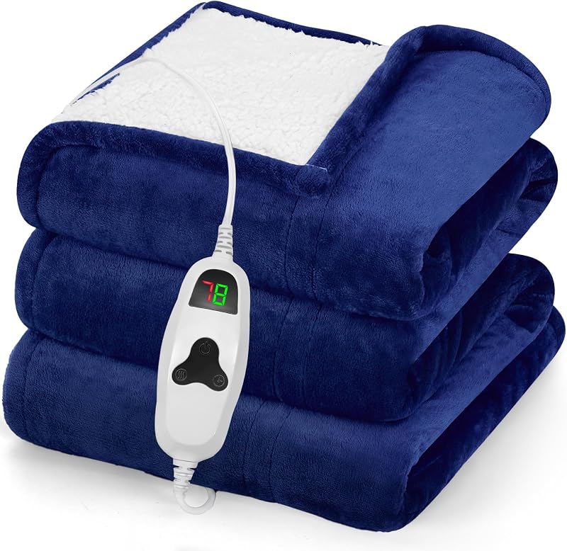 Manta calefactora eléctrica de 50 x 60 pulgadas, manta calefactora con 10 niveles de calor, 8 horas de apagado automático, manta de forro polar suave Sherpa, regalos para abuela, mamá, personas mayores, azul marino
