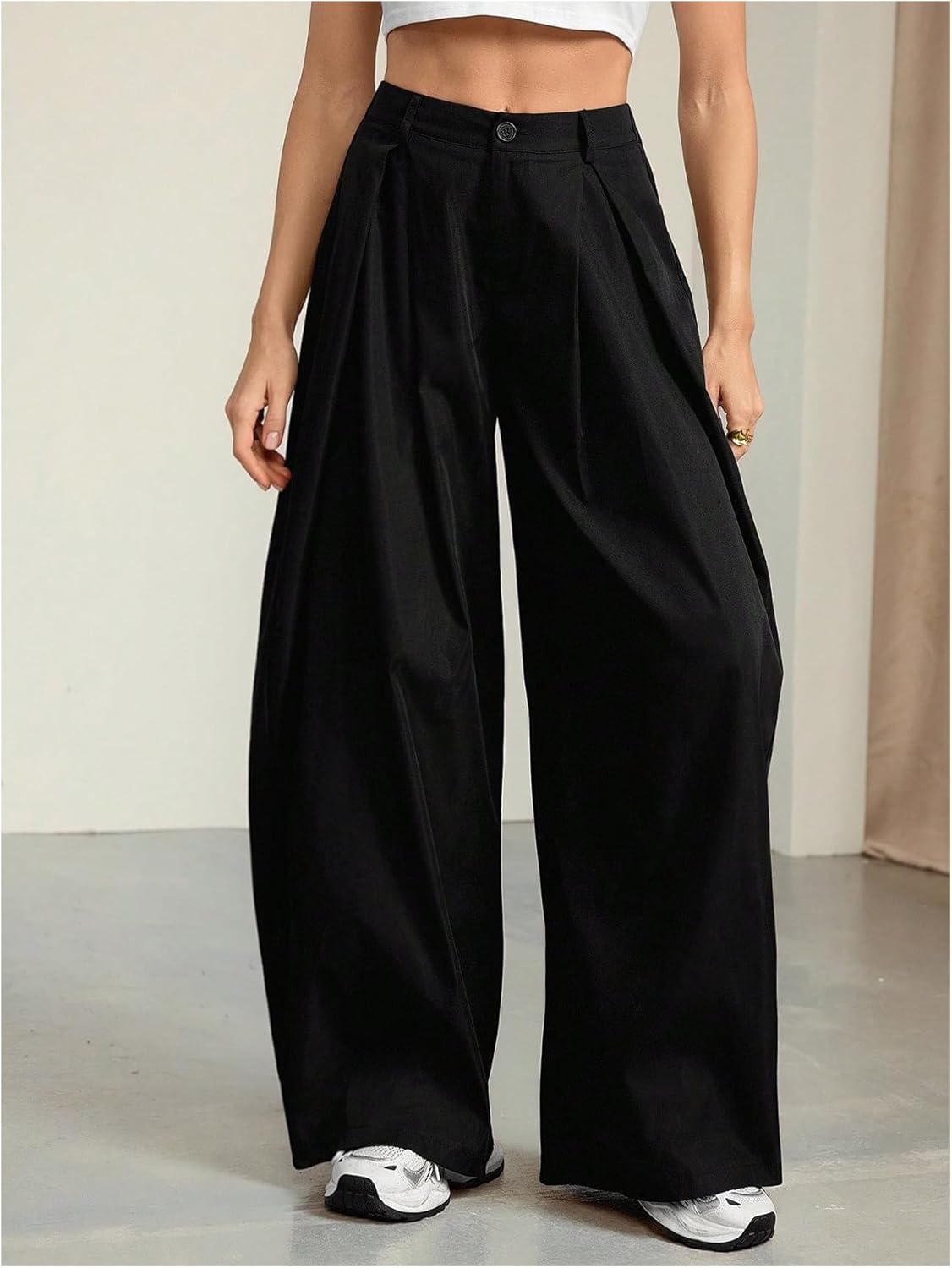 Women's Wide Leg Baggy Pants Zipper Fly Pleated Dress Pants Casual Business Suit Trousers - Image 4