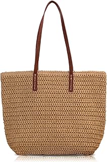 Bolso de playa de paja marrón con cremallera, bolso de hombro casual bolsos, para vacaciones de playa al aire libre trabajo compras uso diario