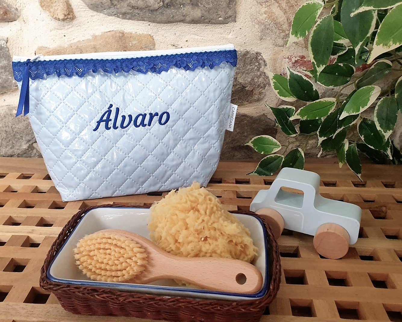 Neceser bebé Bordado Personalizado. Bolso Organizador para Accesorios de Aseo e higiene del bebé. Regalo Recien Nacido (Azul+azulon)
