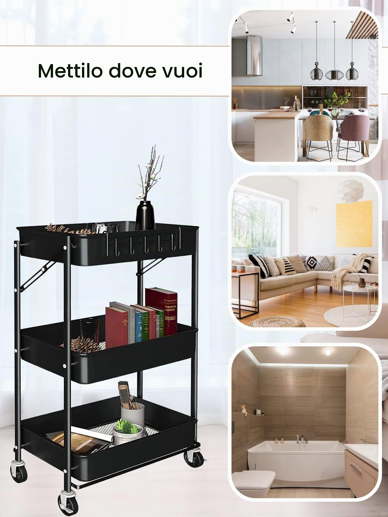 MAGIC SELECT Carrello da cucina ausiliario. Carrello Pieghevole per Fruttivendolo, Multiuso. Mensola da cucina con ruote. Carrello di servizio con 3 livelli di stoccaggio per la casa, il bagno.