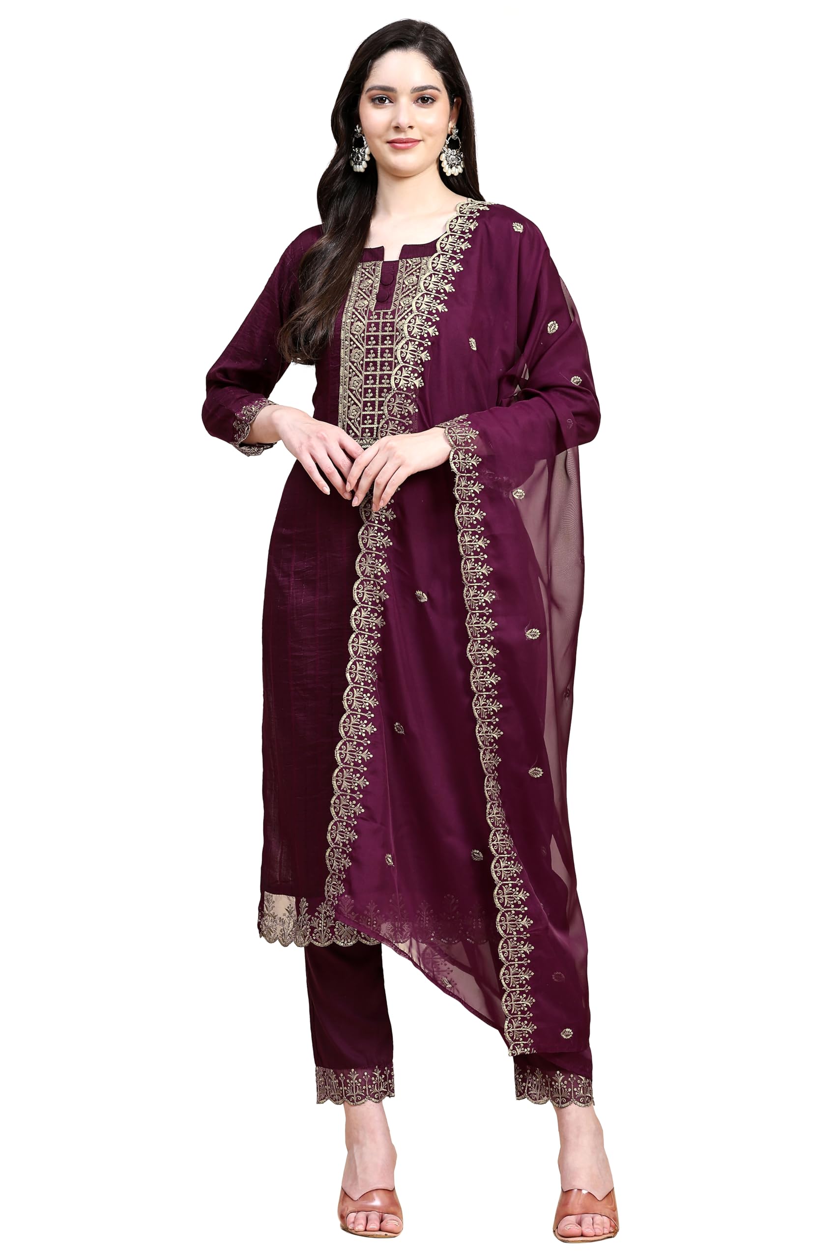 Trendmalls Damen Baumwolle Stickerei Salwar Anzug Set Kurta Hose mit Dupatta Lila Kurta Set für Frauen