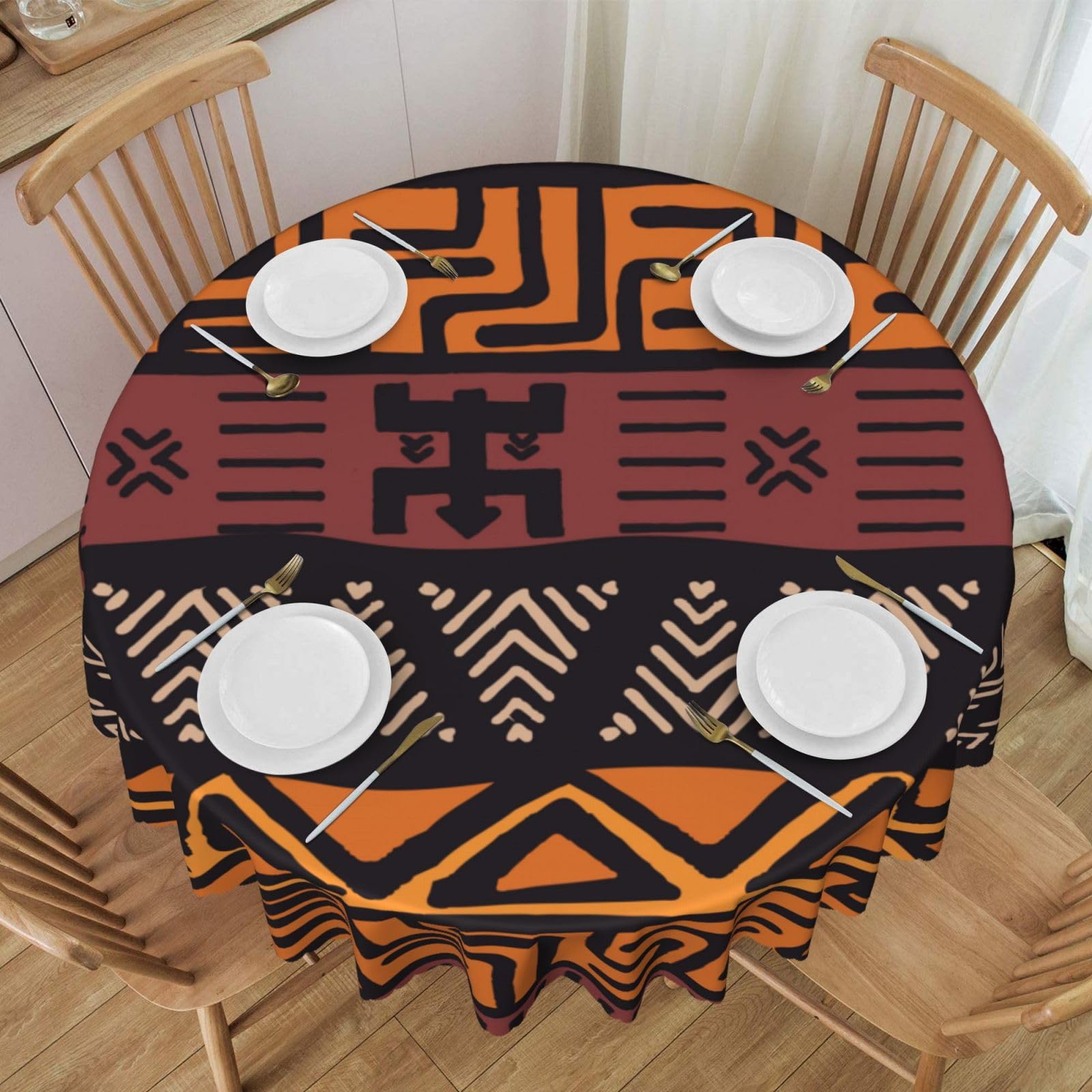 DCEHGEW 60 In Round Tablecloth with Lace, African Mud Cloth Tribal Printed Oilproof & Washable Fabric Picnic Table Cloth Table Covers