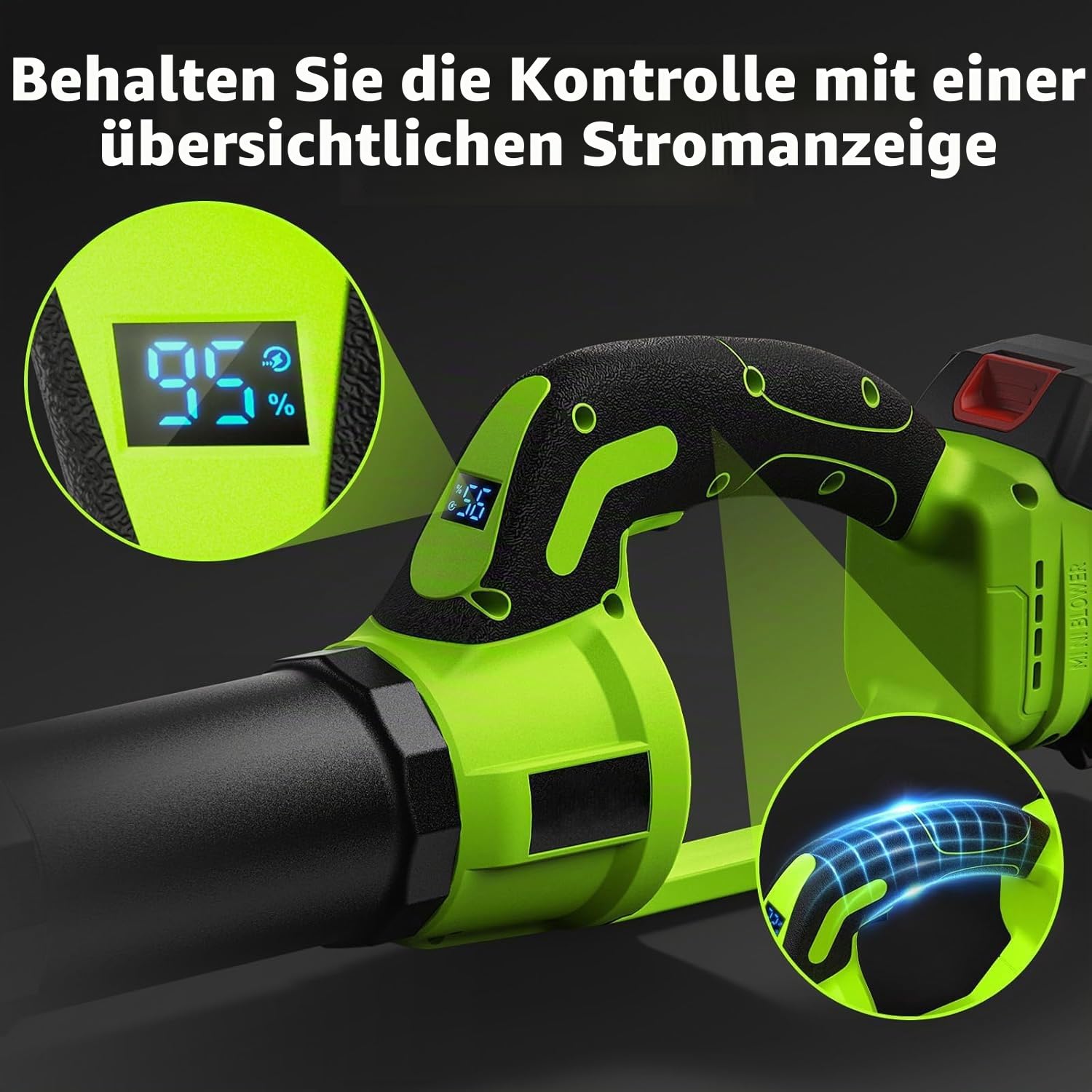 Akku-Laubbläser, 2X 21V Akkus & Schnellladegerät Set, mit stufenloser Geschwindigkeitsregelung, Leichter handgehaltener elektrischer Laubbläser für Rasenpflege, Hof, Garten, Terrasse (Grün-A)