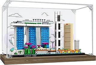 Acrylic Display Case for Lego 21057 Singapore Building Set,Clear Display Case, Dust-Proof Display Case Compatible with Lego 21057 (Only Display Case) (Wooden Base)