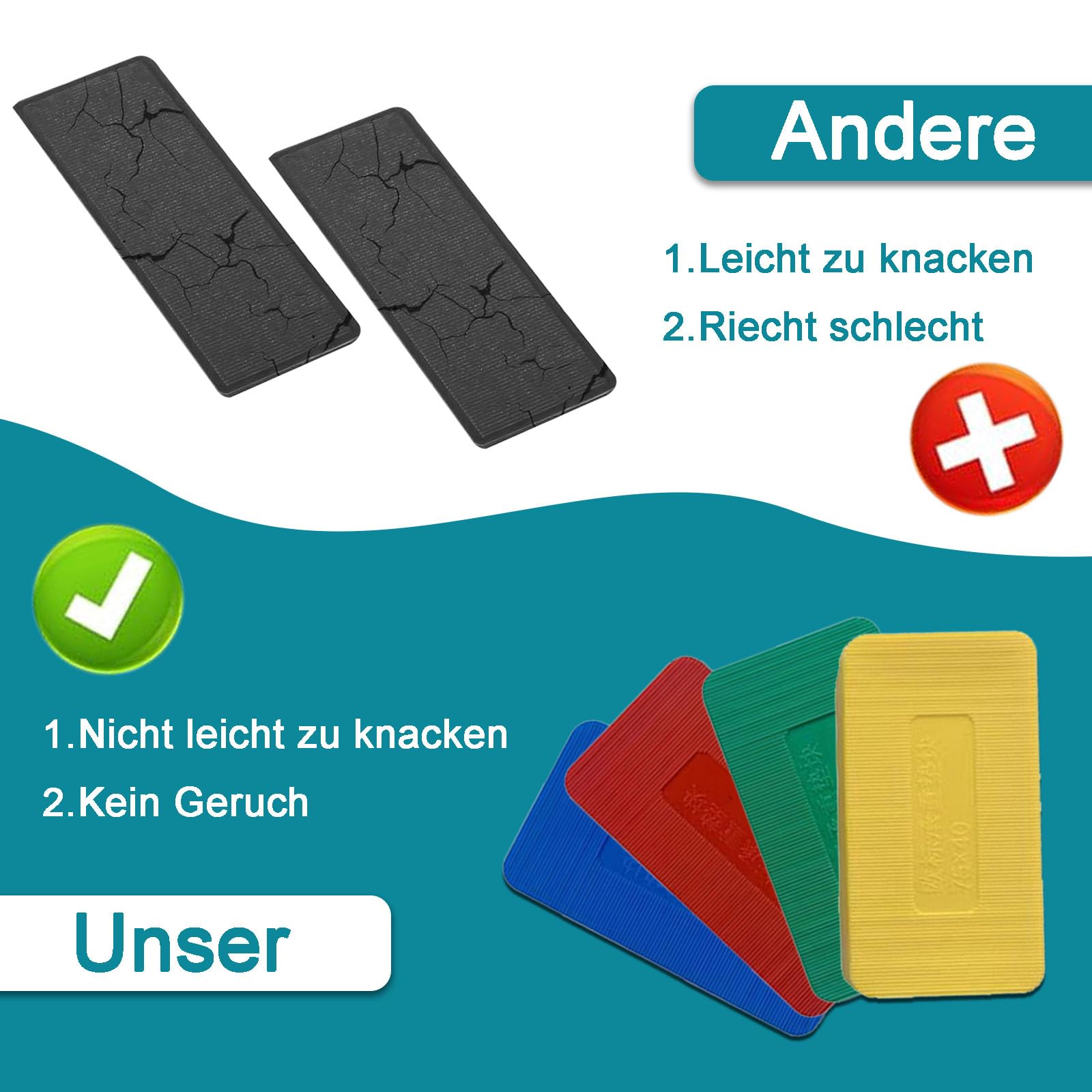 Unterlegplatten Kunststoff, 60 Stück Möbel Nivellierpads Set, 75x40 mm Kunststoff Abstandshalter, 4 Stärke 1,5mm,3mm,5mm,10mm Verglasungsklötze, Abstandhalter Fliesenkeile(Blau, Rot, Grün, Gelb)