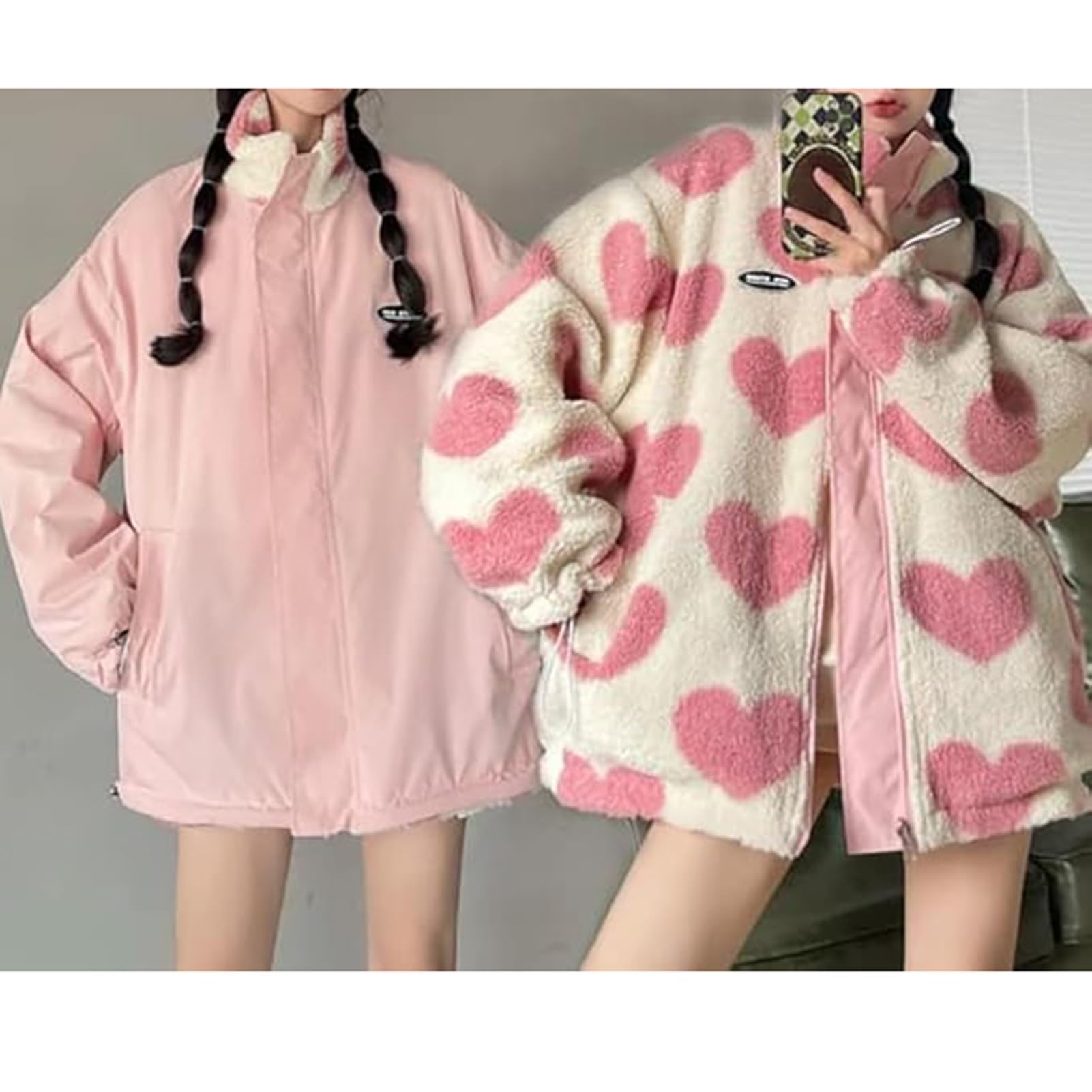 Giacche in Pile Sherpa da Donna, Reversibile Kawaii con Stampa a Cuore, Cerniera Pelosa Cappotti Cutecore Estetica Y2k Vestiti Gyaru