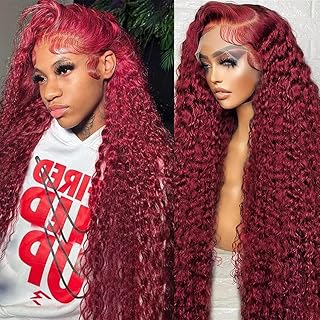 Burgundy Wig Human Hair 99j Burgundy 13x6 HD Transparent Deep Wave Lace Front Wigs Human Hair 180 Density Pre Plucked Brazilian Virgin Red Wig Human Hair For Black Women (30 Inch)