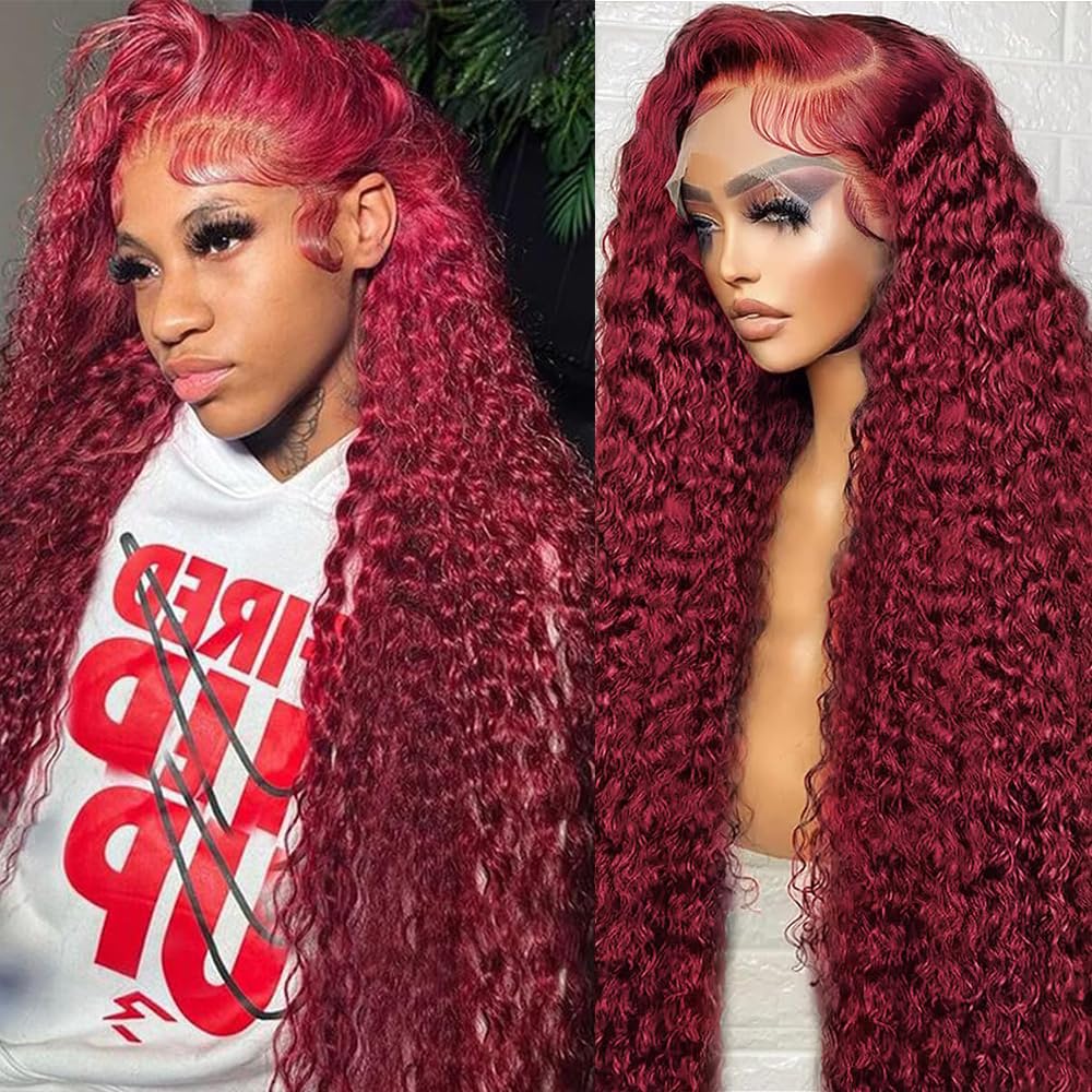 Burgundy Wig Human Hair 99j Burgundy 13x6 HD Transparent Deep Wave Lace Front Wigs Human Hair 180 Density Pre Plucked Brazilian Virgin Red Wig Human Hair For Black Women (30 Inch)