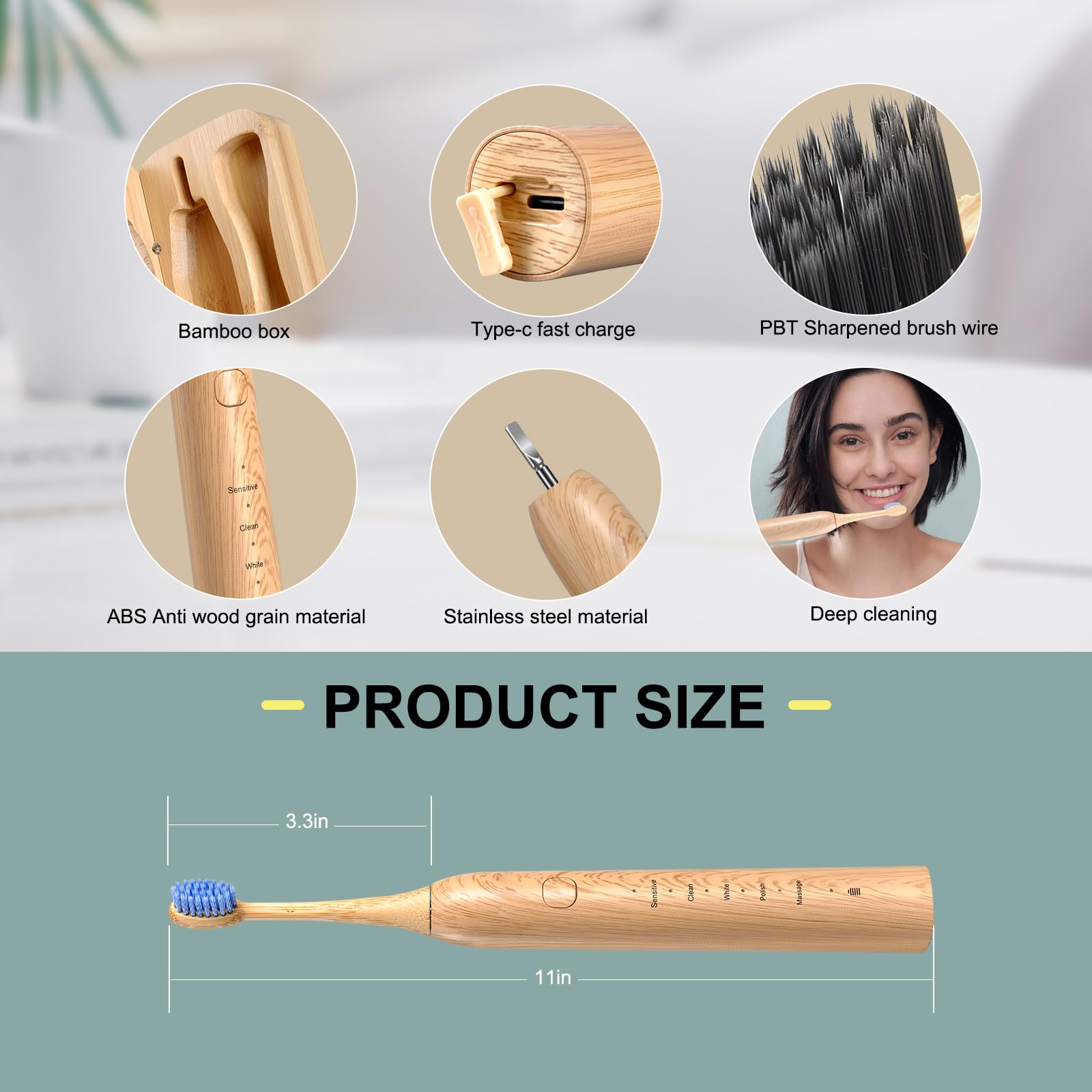 Spazzolino elettrico Sonic in bambù per adulti, design in bambù con setole morbide, 5 modalità di pulizia regolabili, tecnologia impermeabile IPX7 per adulti