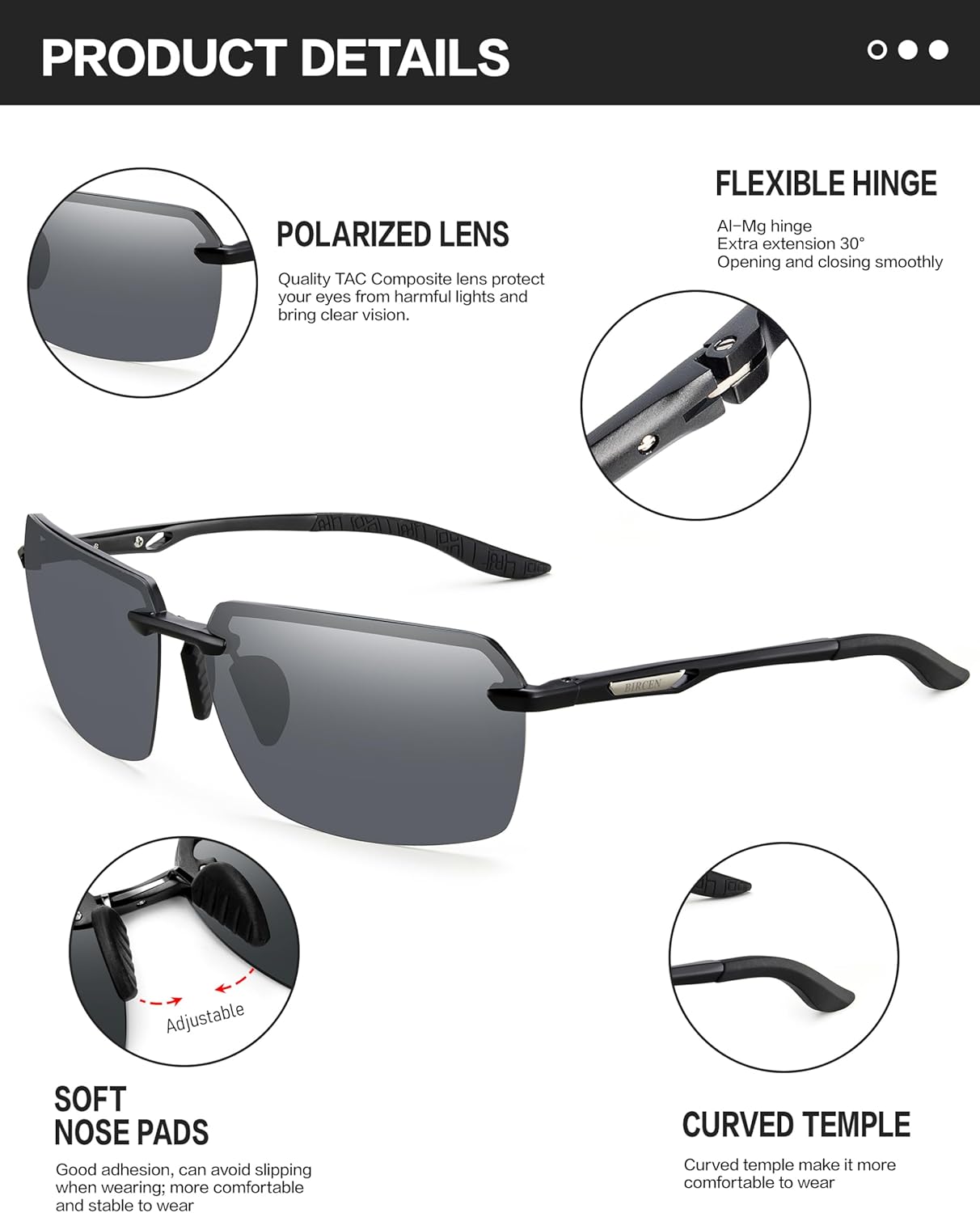 BIRCEN Mens Polarized Sunglasses for Driving: Rimless UV Protection Sun Glasses with Al-Mg Frame for Fishing Traveling Golf - Image 4