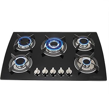 Cj Online Shop 79cm 5 Burner Black Glass Gas Hob With Cast Iron Pan Stands And Wok Burner