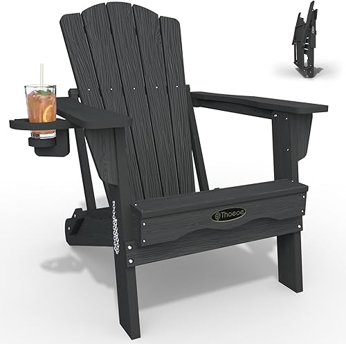 Silla Adirondack plegable, sillas Adirondack de HDPE para todo tipo de clima, sillas de plástico para exteriores con soporte para tazas, color gris