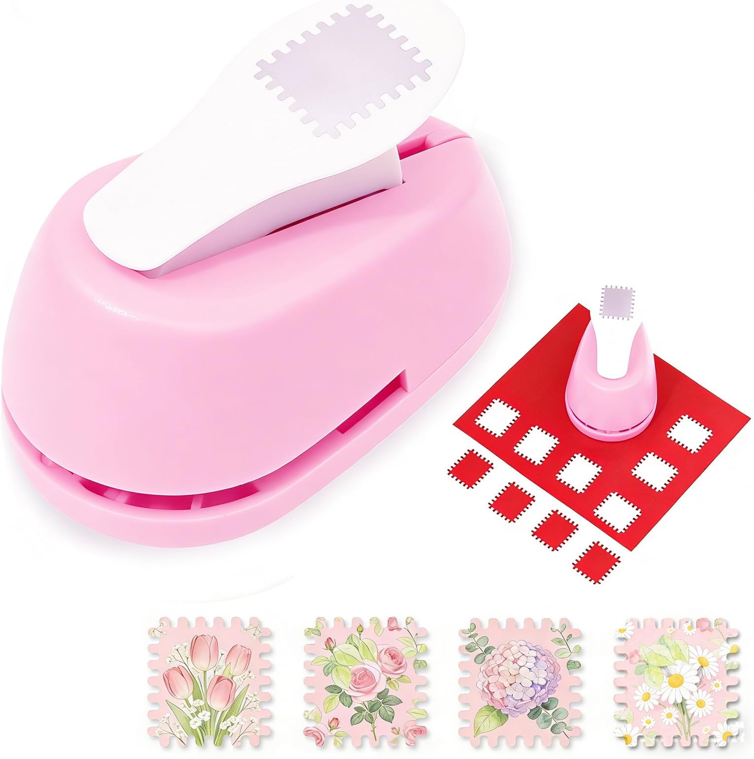 Rectangular Postage Stamp Puncher, Rectangle Lever Action Stamp Punch for Paper Crafting Scrapbooking (Pink)