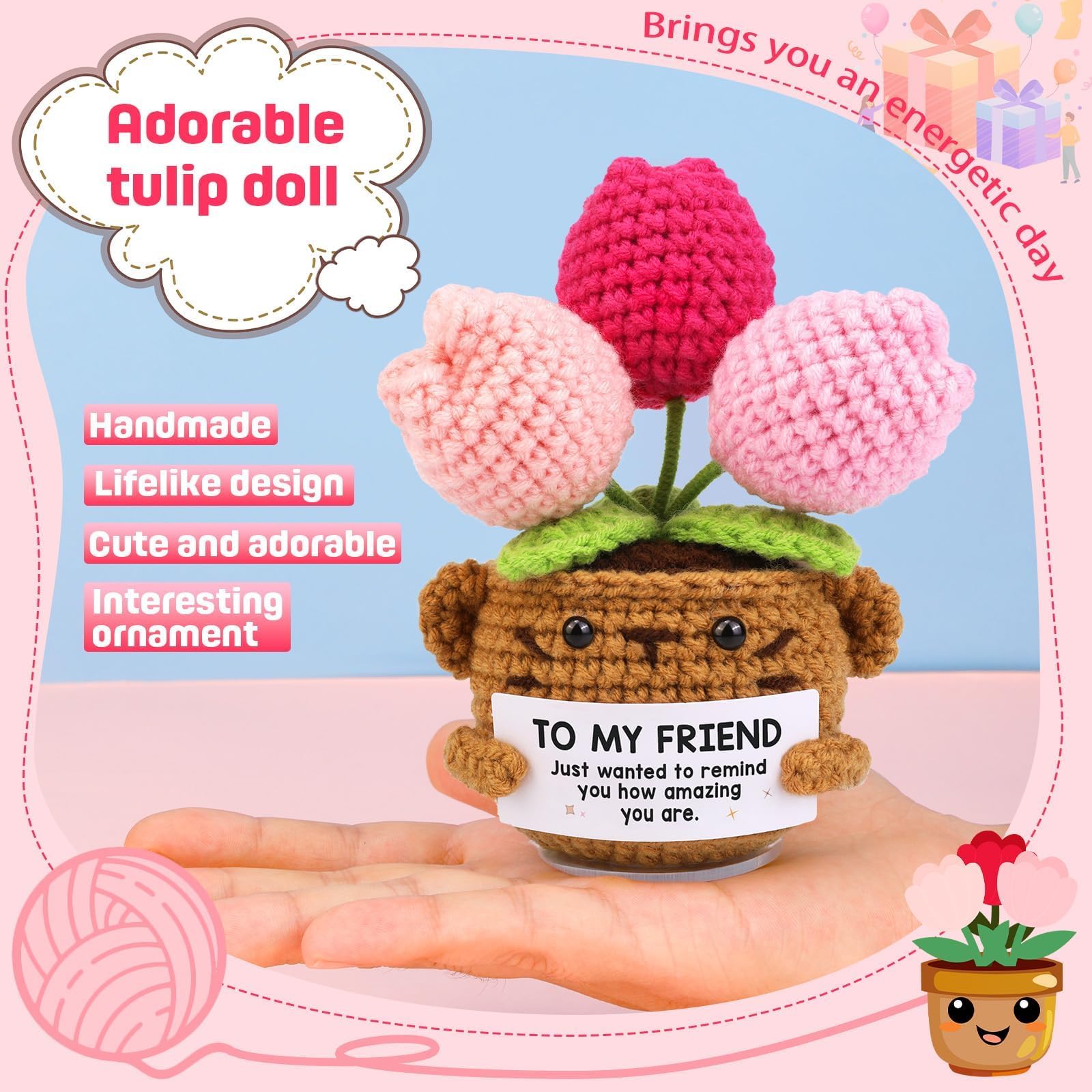 Positive Crochet Gifts for Women/Men, Tulip Flowers Emotional Support Thank You Gifts for Wife Husband, Friends Teachers with Thanks Card for Anniversary, Christmas, Birthday -to My Friend