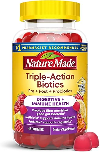 Nature Made Triple-Action Biotics, Gut and Immune Health Support, Digestive Probiotics for Women and Men, Prebiotic Fiber Gummies, 48 Gummies, 24 Day Supply
