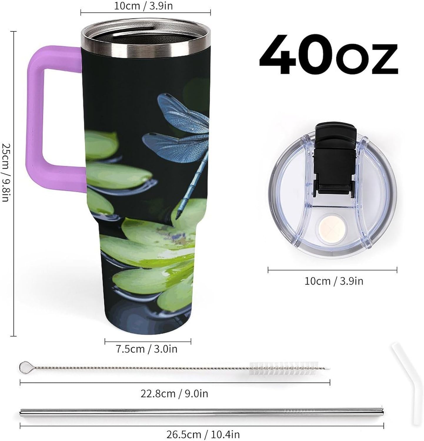 40 Oz Insulated Mug with Handle, Stainless Steel Dragonfly Flies Over Printed Travel Mug Portable Leak-proof Large Car Mug for Home, Office Or Car