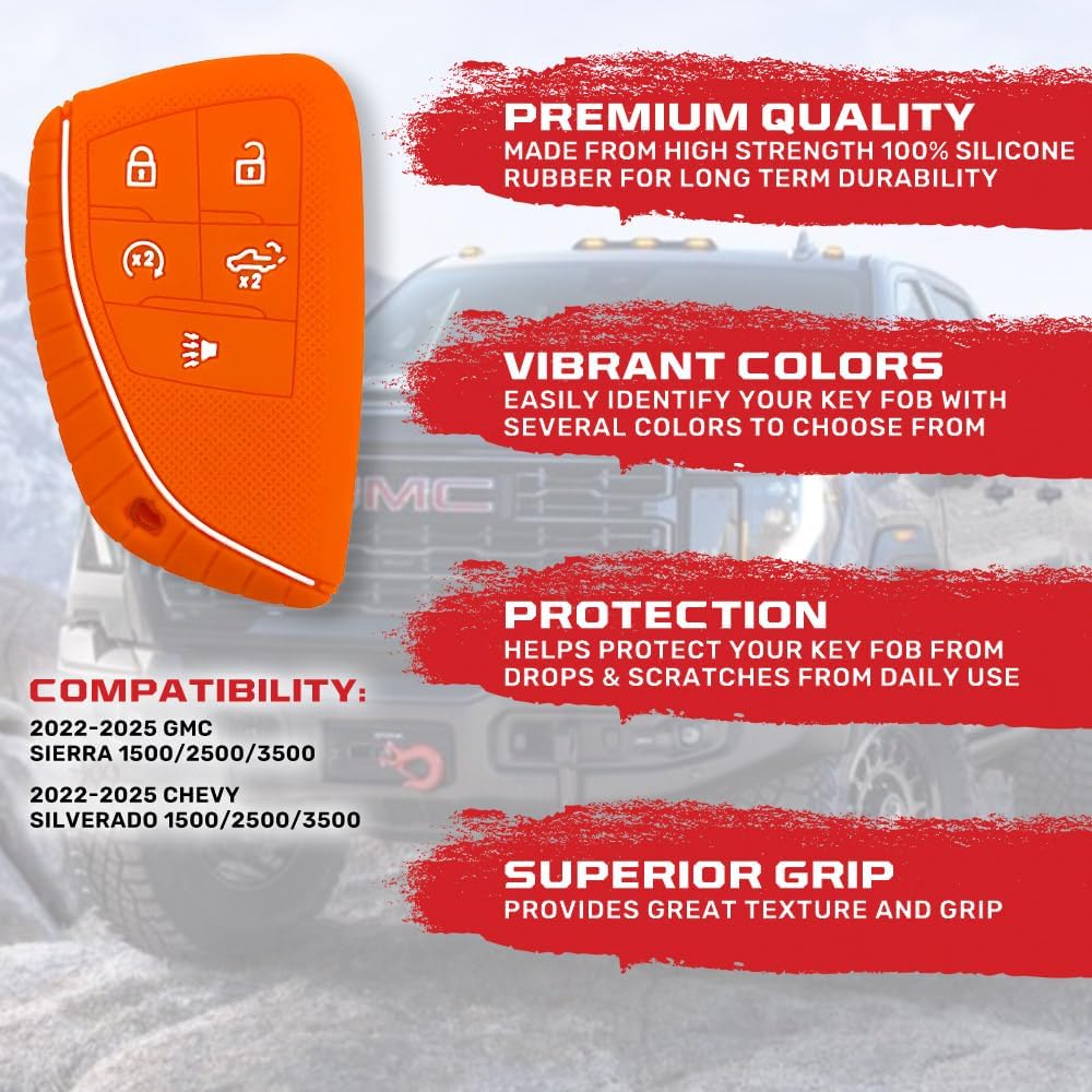 RECON Fits 22-25 GMC Sierra 1500, 2500, 3500 & 22-25 Chevy Silverado 1500, 2500, 3500 100% Silicone Rubber Rugged Key Fob Protection Cover Premium Quality 5 Button (Orange)