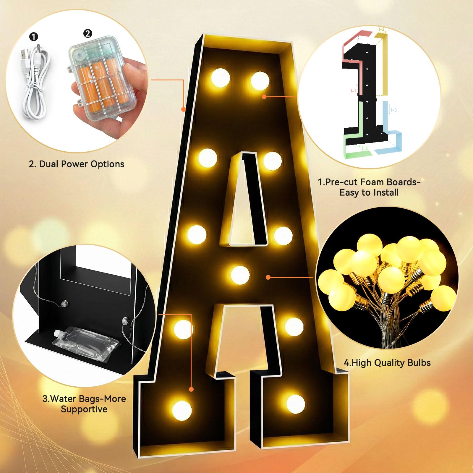 Ledido Letras de marquesina de 4 pies de alto, letras grandes negras iluminadas de 4 pies para cumpleaños, baby shower, boda, graduación, aniversarios, eventos, decoración de fiestas, fácil de montar