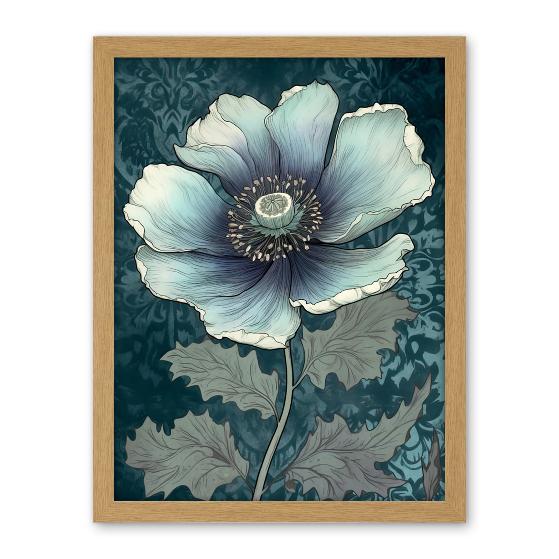 Artery8 Anemone Flower Bloom Teal Blue Watercolour Artwork Framed Wall Art Print 18X24 Inch