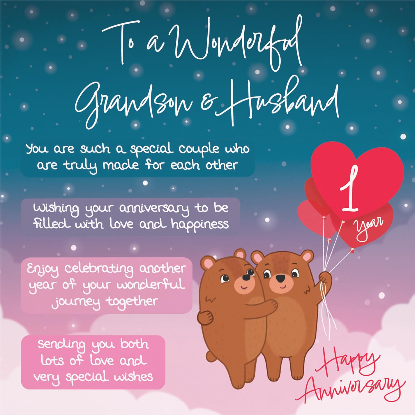 Hunts England, Grandson And Husband 1st Anniversary Card, Starry Night, Cute Bears - Image 2