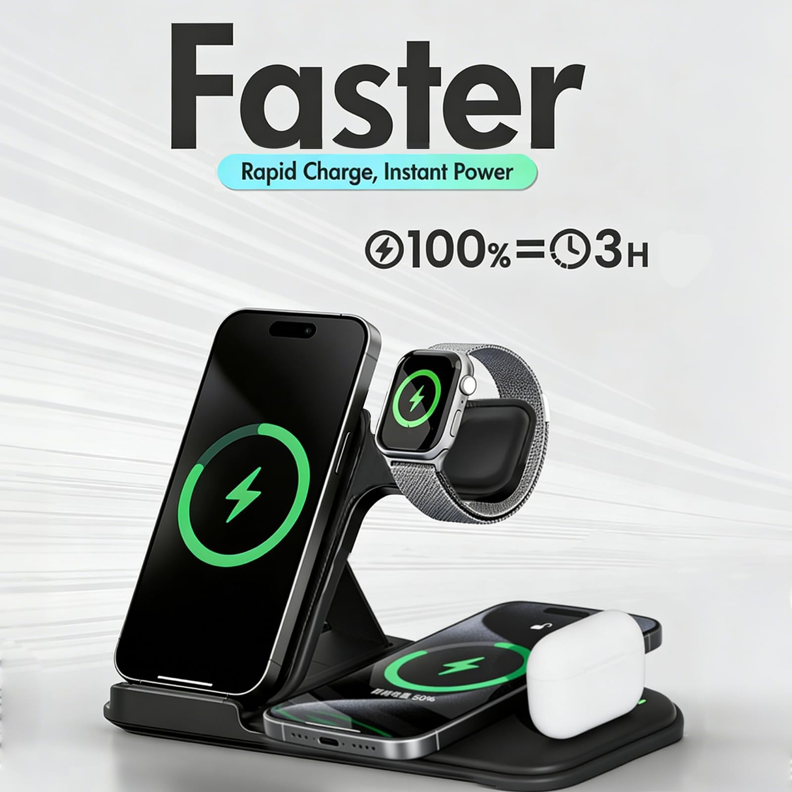 iGour - Estación de carga inalámbrica 5 en 1 para múltiples dispositivos, soporte de carga rápida premium para Apple Samsung Android, doble base de teléfono con puerto USB para mesita de noche de