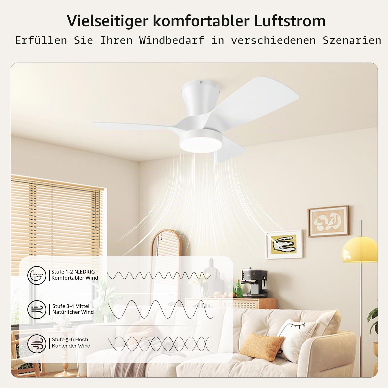 Deckenventilator mit Beleuchtung 80cm, 3000 K-5000 K Dimmbar, 2200LM Leise LED Lampe Ventilator mit Licht und Fernbedienung, 7 Geschwindigkeiten, Timer für Decke Wohnzimmer Schlafzimmer, Weiß