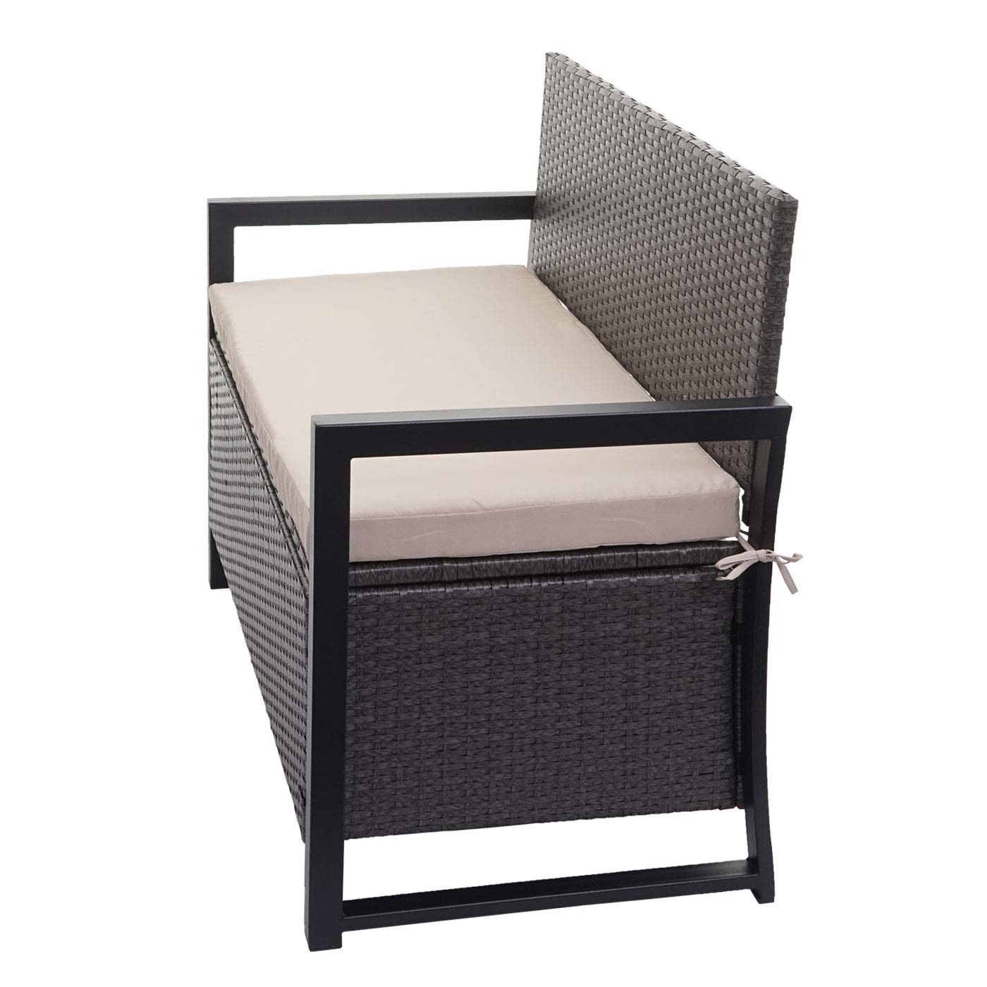 Mendler Banco de 2 plazas HWC-F39 de polirratán, banco de jardín, baúl, compartimento de almacenamiento, cojín de almacenamiento, color gris, cojín beige