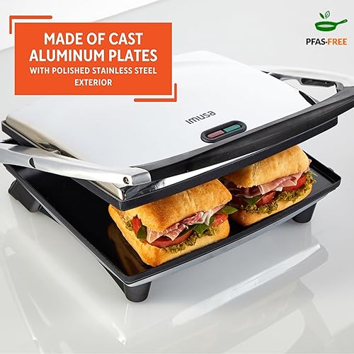 Miniatura 4 de IMUSA - Prensa eléctrica Panini de acero inoxidable de 12 x 10 pulgadas con control de temperatura, placas antiadherentes para sándwiches, paninis a