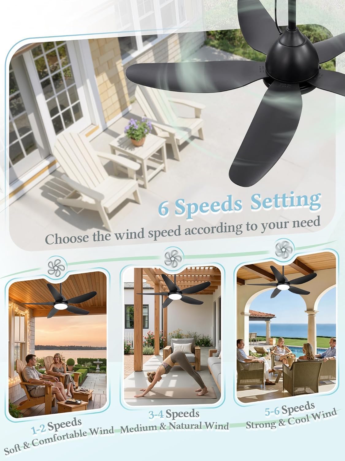 IP65 Ventilateur de plafond Extérieur avec Éclairage 116cm étanche LED Plafonnier Ventilateur Silencieux 6 Vitesses Dimmable Ceiling Fan with Light pour Terrasse Gazebo, avec télécommande Noir