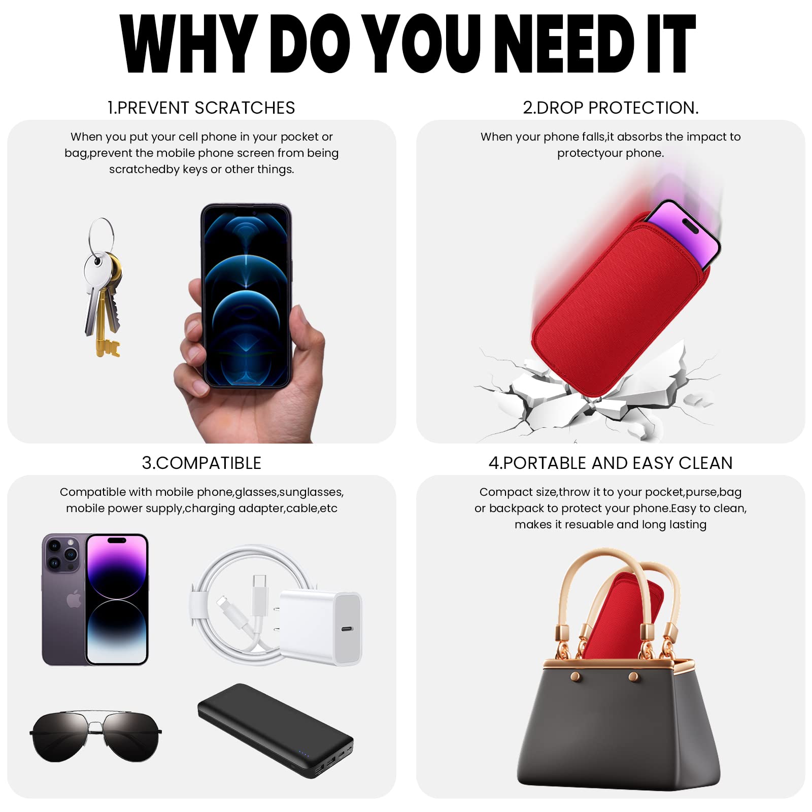 For Galaxy S25/S24 Ultra,S23 Plus,Note 20,S21 FE,A75/A56/A14 Phone Bag,Universal Neoprene Shockproof Phone Pouch Sleeve Wallet Carry Case 4.7-6.9 Inch