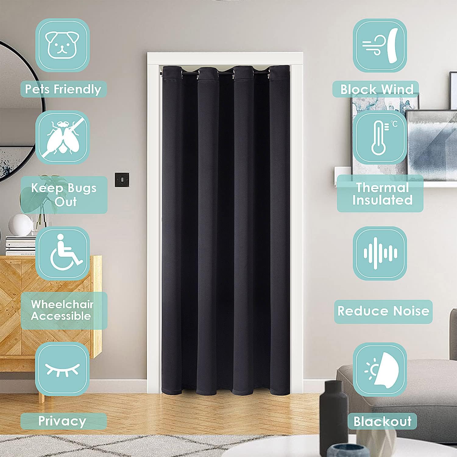 ChrisDowa Blackout Door Curtains for Doorway Privacy, Grommet Closet Curtains for Bedroom Closet Door, Thermal Insulated Temporary Doorway Cover Room Divider Drapes (1 Panel, Black, 42 x 80 Inch)