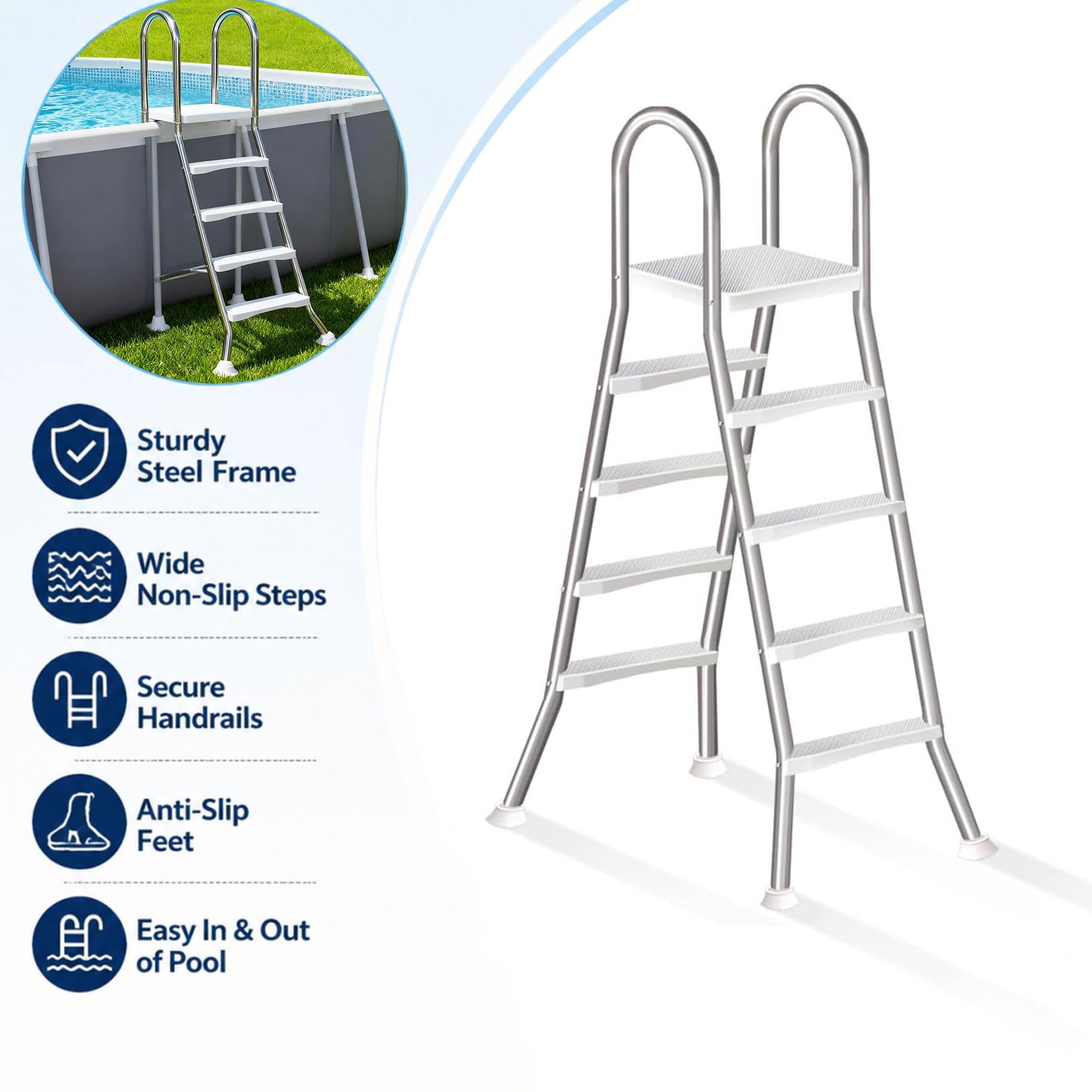 132cm Scala Piscina Fuori Terra Scala a Forma di A a 4 gradini in Acciaio Inossidabile gradini Larghi Antiscivolo Scala per Piscina Stabile e Resistente capacità di carico Massima 250kg,135CM