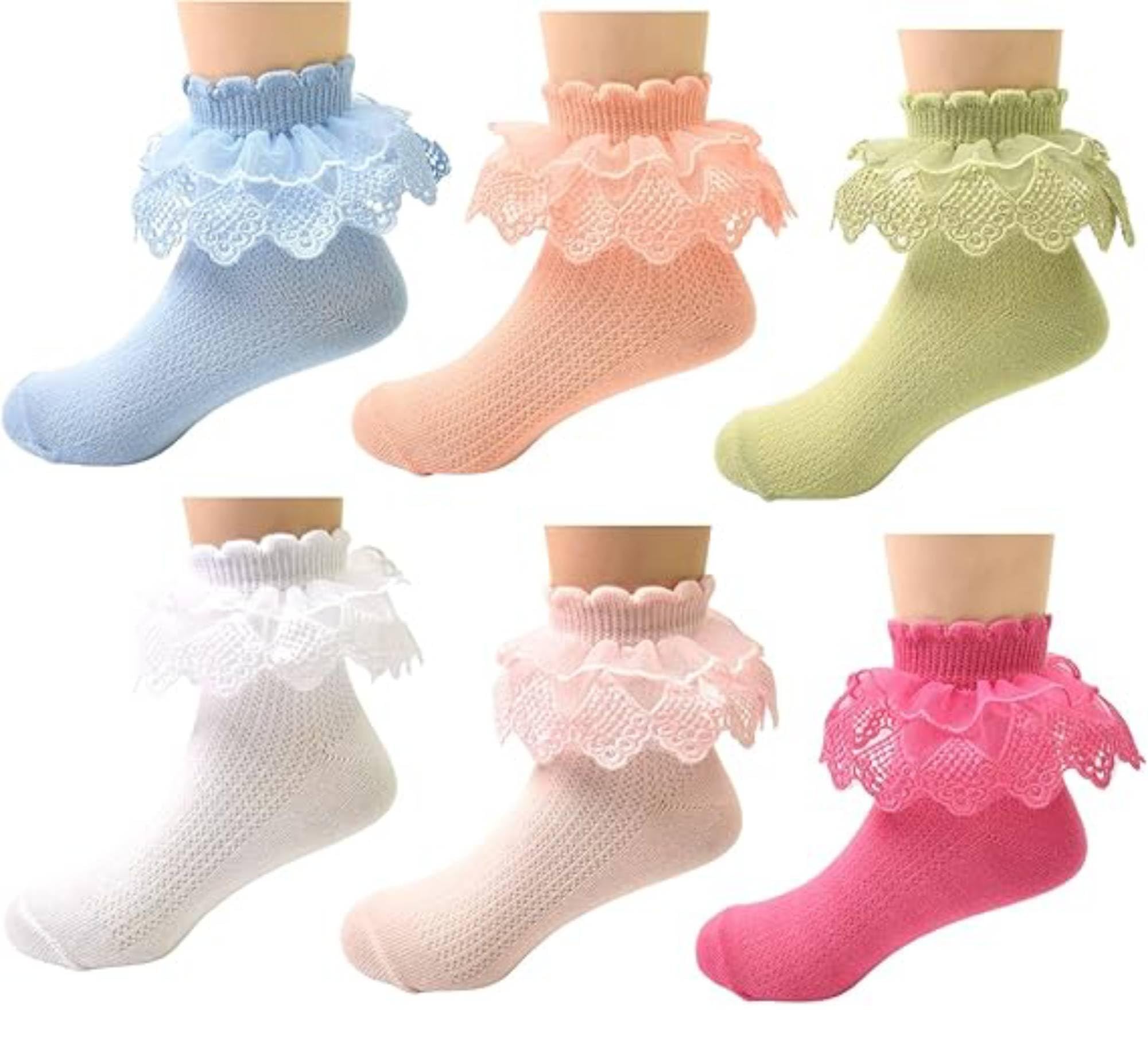6 Pairs Set Baby Girls' Toddlers Mesh Net Newborn Princess Ankle Bow Pattern Frilly Lace Socks | Ages 2–10 Years-image-34