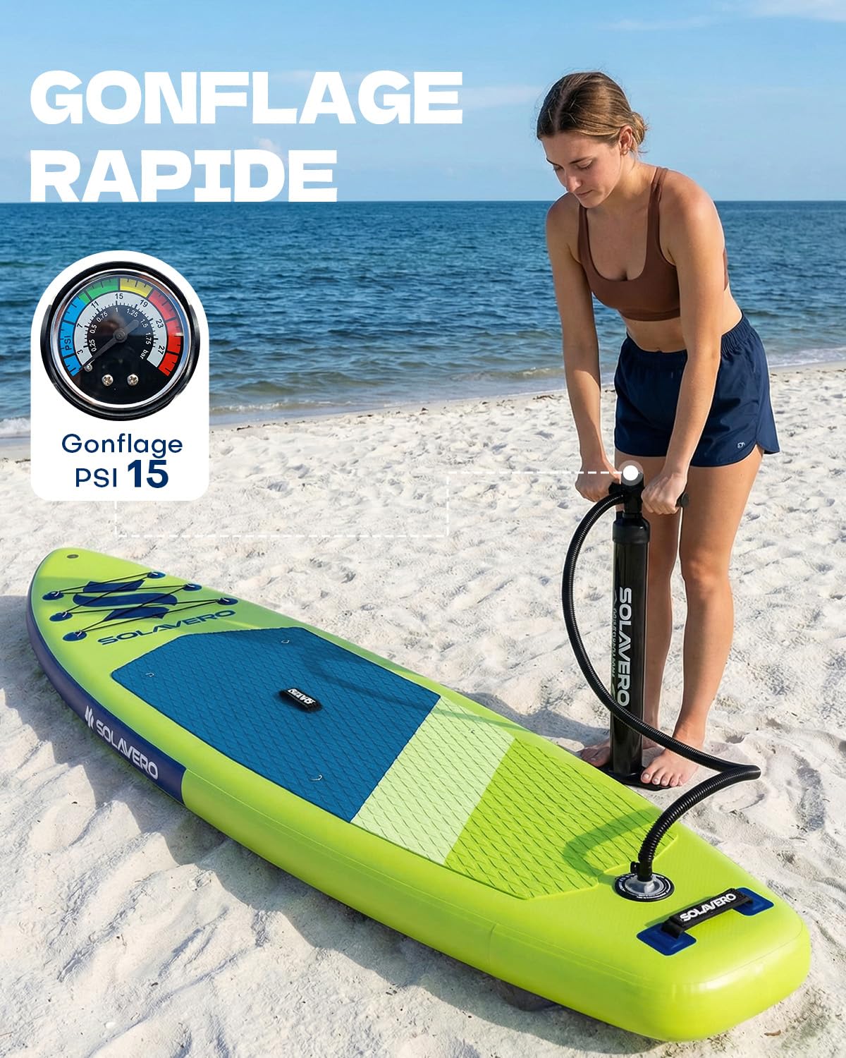 SOLAVERO Paddle Gonflable Adulte 323 x 83 x 15 cm Stand Up Paddle avec Pont EVA Antidérapant, Pagaie Réglable, 3 Aileron, Jusqu'à 200 kg