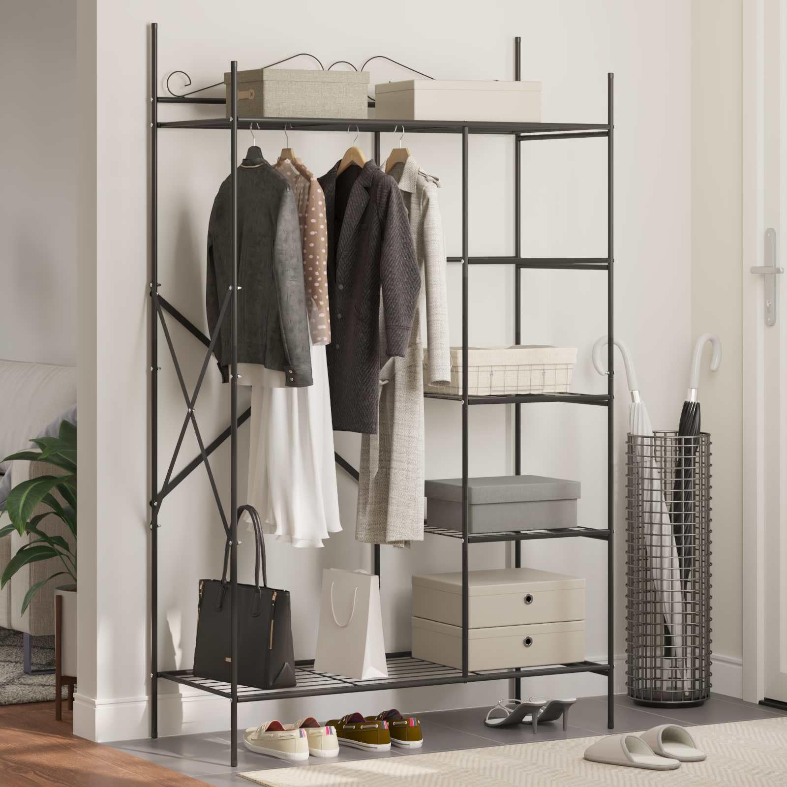 Armoire ouverte noire 104,5 x 45 x 172 cm en acier avec beaucoup d'espace de rangement, étagères métalliques, pieds de poteau stables, pour chambre à coucher, couloir, dressing, design moderne