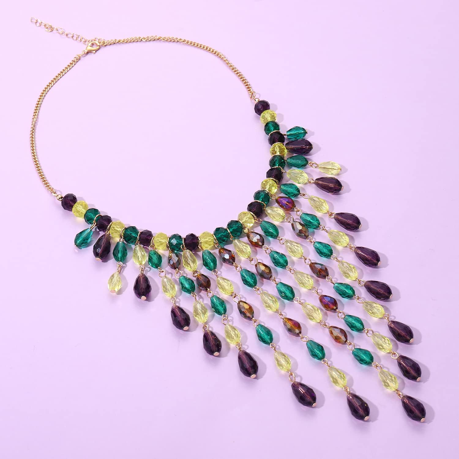 Mardi Gras Necklace for Women Multilayered Teardrop Beads Necklace Statement Colorful Crystal Bead Cluster Link Collar Necklace Mardi Gras Carnival Parade Party Necklace Jewelry Accessories Gift - Image 5