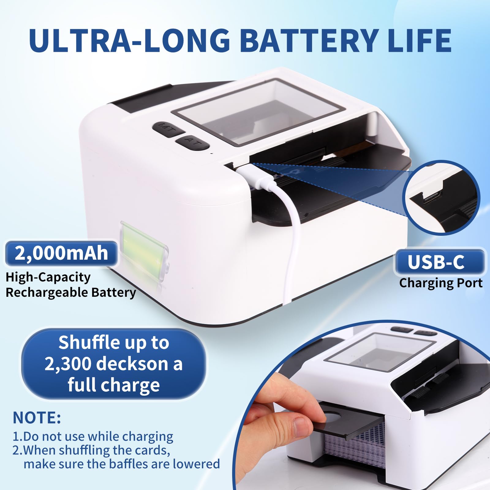 Shuffler automatico di carte 1-2 mazzi, Shuffle veloce a basso rumore, 2000 mAH USB-C ricaricabile Electric Card Shuffler, One-Press Auto Shuffling Machine per UNO Poker Blackjack Skip-Bo