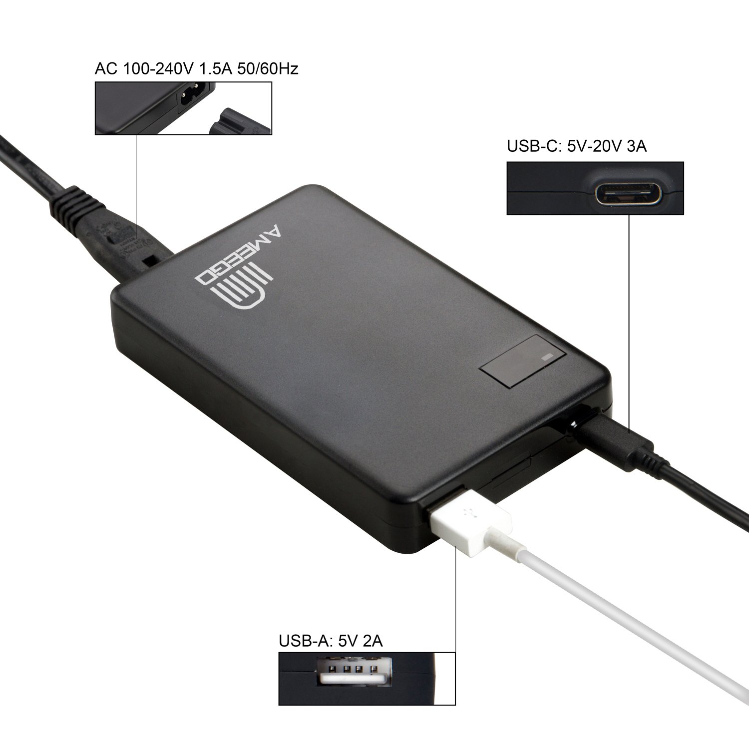 Cargador portátil USB C Cargador universal para portátil USBC 60 W, 1 puerto USBC 60 W, 1 puerto USBC 60 W, 1 puerto USBA de 10 W para ordenadores portátiles, tabletas y smartphones HP Apple