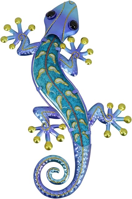 HONGLAND Gecko Wall Art Hanging Lizard Metal Wall Decor Sculpture Glass Home Decoration for Garden,Fence,Patio,Living Room 15" (Blue)