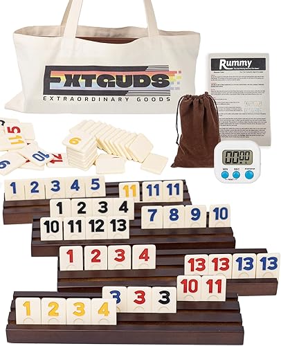 Juego de cubo Rummy para 4 jugadores, con 4 bastidores de maderabandejas, juego de 106 azulejos con bolsa de lona, juego de viaje de azulejos Rummy