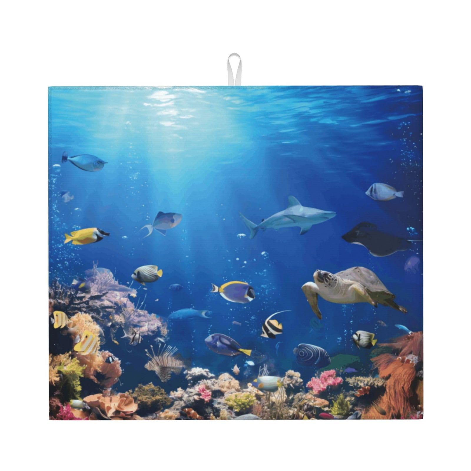 Yyhwhjde Black Ocean Tropical Fish Turtle Shark Prints Kitchen Drying Mat – Absorbent Dish Throw For Countertop, Non-Slip Layer With Vibrant Prints, Ideal For Housewarming