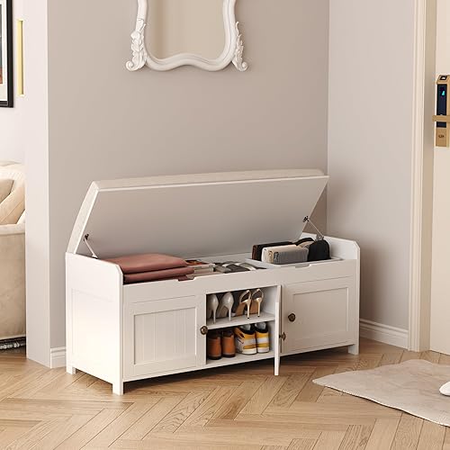 Miniatura 9 de HOMEFORT Banco para zapatos de 41.3 pulgadas con almacenamiento de tapa elevable, banco de entrada con asiento acolchado, banco de madera para pie